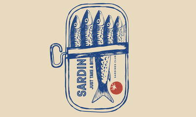 Canned fish artwork. Fish vintage artwork. Sardines fish artwork for t shirt print, poster, sticker and other uses. Seafood t shirt design.
