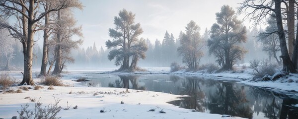 Abandoned winter wonderland with overgrown trees and frost-covered lake, frost, serene scenery, winter wonderland