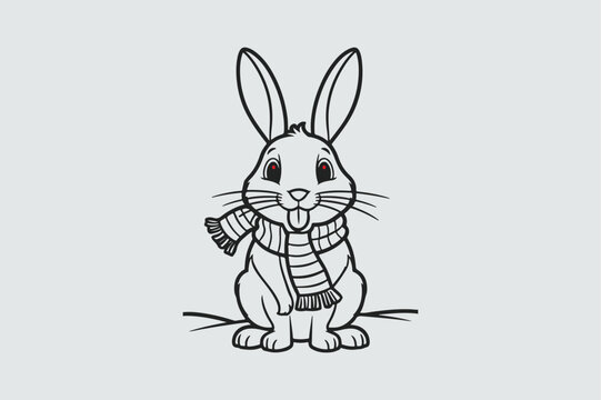 Coloring page of a rabbit with a scarf