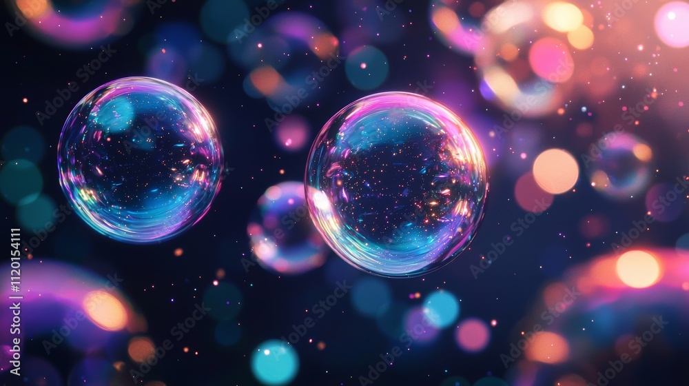 Wall mural create a vibrant, cosmic scene featuring a horizontal stream of iridescent soap bubbles floating in 
