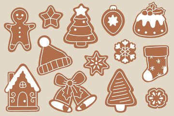 Vector illustration set with cartoon winter gingerbread cookies icons for digital stamp,greeting card,sticker,icon,design 