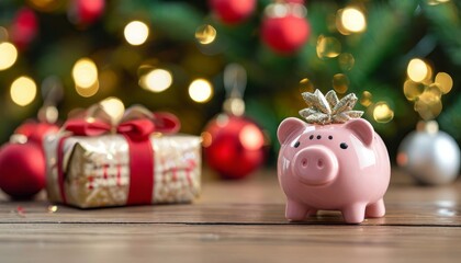piggy bank pig with gold bitcoin under a Christmas tree decorated with Christmas balls and tinsel, close-up. snow falls