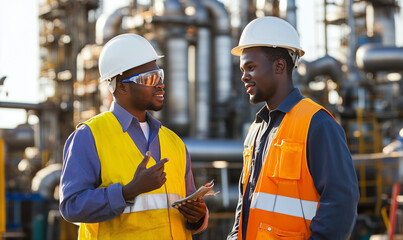 Two engineers work on a construction site, industrial card, generated ai