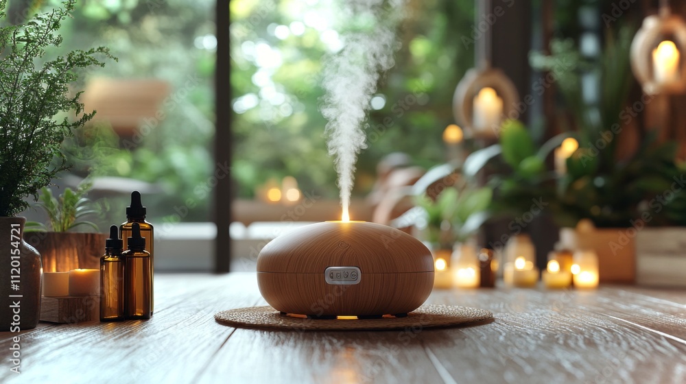 Poster an aromatherapy diffuser emits a gentle stream of steam in a serene indoor space. surrounding the di