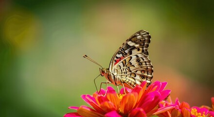 Vibrant butterfly perched on colorful zinnia in summer garden