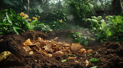 Obraz premium Rich soil and decomposing organic matter blend into a vibrant forest environment, fostering new growth.
