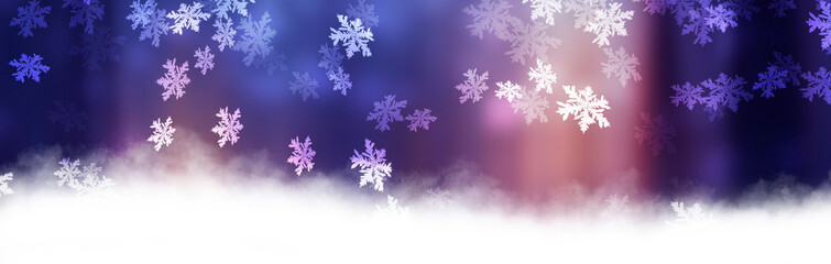 Holiday New Year background, blurred neon lights, snowflakes, snow.