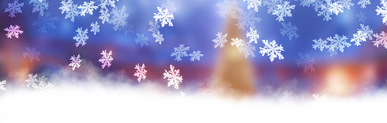 Holiday New Year background, blurred neon lights, snowflakes, snow.