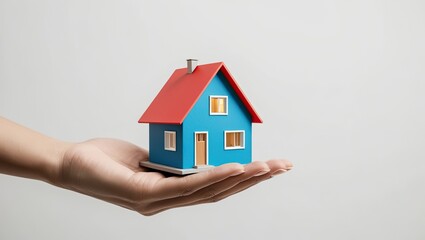 Isolated on a white background is a hand holding a model of a house. idea of home ownership, investment, and real estate. Rendering in 3D