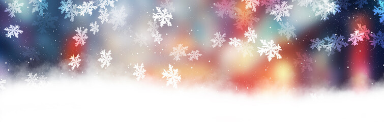 Holiday New Year background, blurred neon lights, snowflakes, snow.