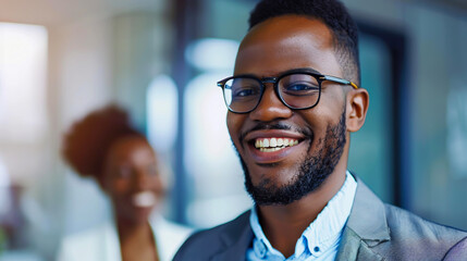 Obraz premium Cheerful businessman looking at a blurred African American journalist and smiling in a studio.