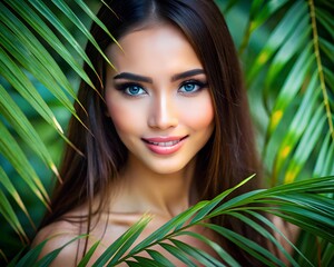 Fototapeta premium A young woman with stunning blue eyes and long, flowing hair smiles radiantly amidst vibrant green leaves. The tropical atmosphere enhances her natural allure, showcasing a serene moment