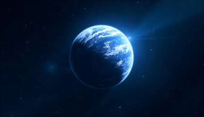Fototapeta premium Beautiful view of Earth illuminated by sunlight in the vastness of space with a blue hue