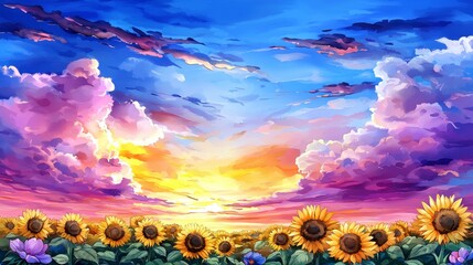Farmland fields landscape sunset, Vibrant sunset over a field of sunflowers, with colorful clouds reflecting the light.