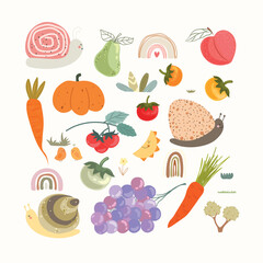 Set with snails many fruits and vegetables, cartoon hand drawn kids illustration.