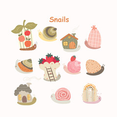 Big set with hand drawn snails, cute cartoon animals. Vector ilustration with cartoon snails.