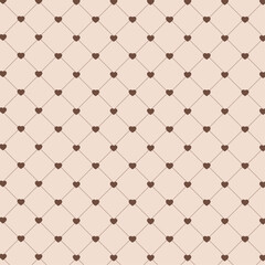 Naklejka premium Seamless geometric pattern with small brown hearts connected by diagonal lines on a beige background