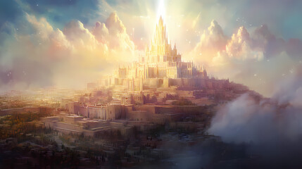 Fototapeta premium The heavenly new jerusalem a promise for god's people. concept hope, promise, new jerusalem, god's people with white shades, png. Seraphic. Illustration