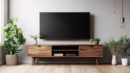 Scandinavian Living Room Cabinet with TV and Indoor Plants Design