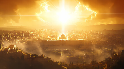 Fototapeta premium The heavenly new jerusalem a promise for god's people. concept hope, promise, new jerusalem, god's people highlighted by white, png. Seraphic. Illustration