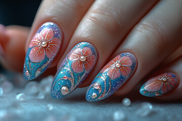 Professional nail artist creating detailed floral nail art design on client's hands