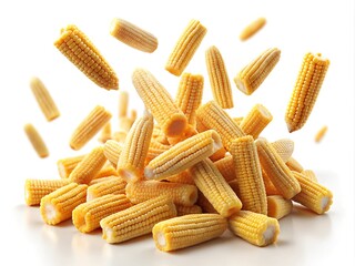 Tiny yellow corn cobs scatter playfully, showcasing their fresh, sweet essence. The lively arrangement highlights the beauty of nature\'s seasonal produce