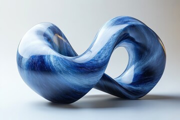 A glossy blue sculpture resembling an infinity symbol, showcasing fluid shapes and design.