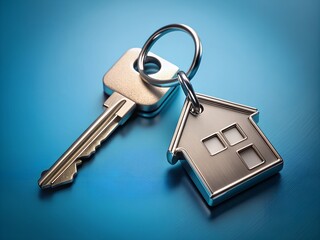 A silver key and a metallic house-shaped keychain sit gracefully on a smooth blue surface, symbolizing homeownership and the start of new journeys for families