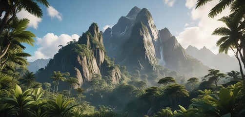Fototapeta premium Lush jungle in front of a majestic mountain peak, peak, plants, vines