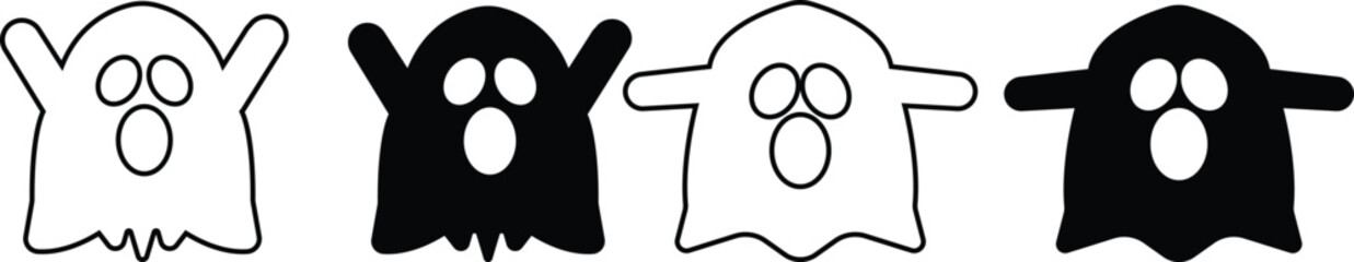 Ghost Flat Design icon set, Perfect for Halloween, this includes traditional and abstract ghost, pumpkins and skeleton hands, Emotional halloween phantom, surprised frightening character.