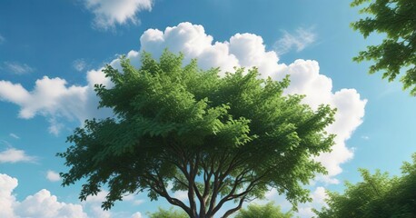 Soft and puffy cloud veiled by the delicate green leaves of a young tree in a bright blue sky , veiled, puffy, soft