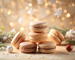A delightful stack of pastel macarons rests on a wooden surface, surrounded by soft glowing lights and holiday decorations, inviting warmth and joy to the festive atmosphere