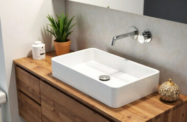 Fototapeta premium A stylish bathroom features a rectangular sink on a wooden countertop with a potted plant and decorative item nearby