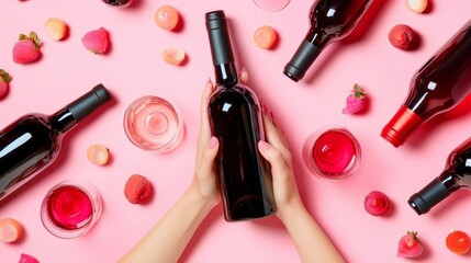 Female hands gracefully hold a sleek red wine bottle among a dreamy arrangement of glasses and vibrant fruit on a soft pink surface, embodying a festive spirit perfect for celebrations
