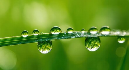 Morning dew on fresh green grass with natural backdrop