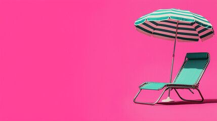 A tropical beach with soft white sand stretching into the distance. In the foreground, a beach umbrella shades a colorful chair. 