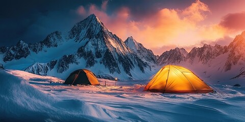 beautiful scene of campsite at snow peaks in national park on winter at sunset 