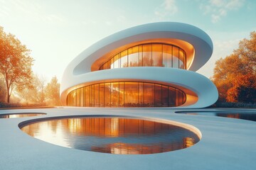 Fototapeta premium Modern architectural design featuring curvilinear forms and reflective water surfaces.