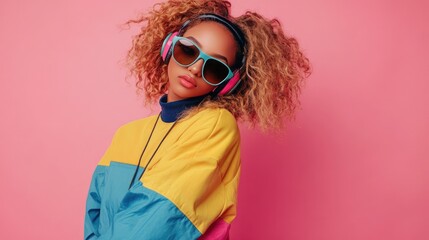 Stylish Woman with Headphones and Sunglasses Posing