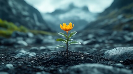 Single Yellow Flower Sprouting from Dark Soil in Natural Landscape