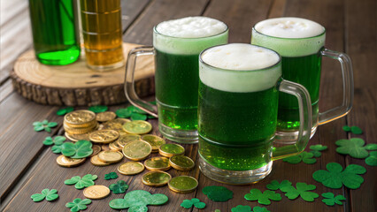 Three mugs of green beer stand on a wooden table, surrounded by gold coins and shamrock confetti, ready for a saint patrick's day celebration with bottles of beer in the background