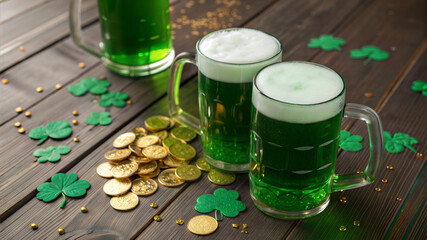 Two mugs of green beer stand on a wooden table, surrounded by gold coins, shamrocks, and golden confetti, creating a festive scene for saint patrick's day celebration