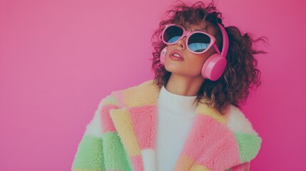 Stylish Woman Posing with Pink Headphones and Sunglasses