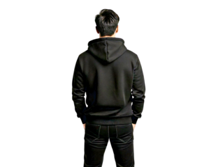 Back view of person wearing black hoodie on transparent background.