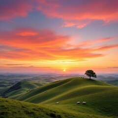 Obraz premium A panoramic view of rolling green hills under a vibrant orange and pink sunset sky. A single tree stands on a hilltop, silhouetted against the colorful horizon, while grazing sheep add a touch of life