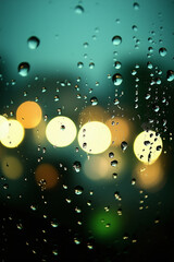 Fototapeta premium Rain drops on window with teal reflection, city lights bokeh