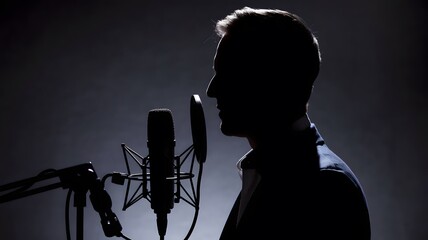 The silhouette of a man passionately singing into a microphone on stage