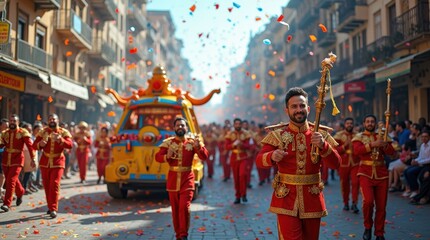 Obraz premium Lively Parade with Colorful Floats and Marching Bands