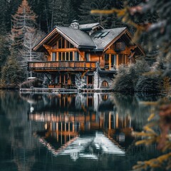 Fototapeta premium A wooden cabin with a balcony sits on the edge of a still lake, reflecting its image.