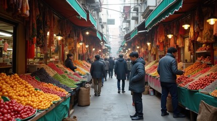 Naklejka premium A Lively Marketplace with Colorful Stalls of Fruits and Vegetables